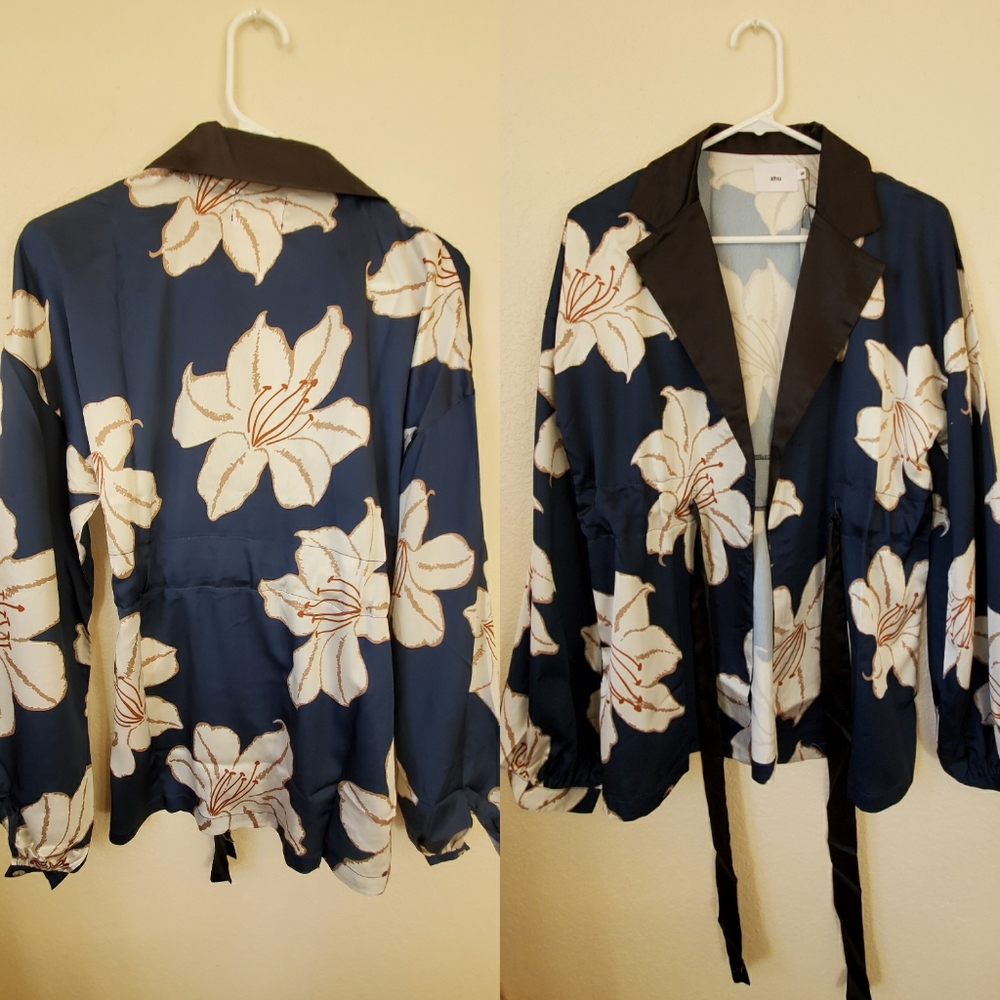 Fewmoda Zhu Floral Blue Long Sleeve Wrap Blouse